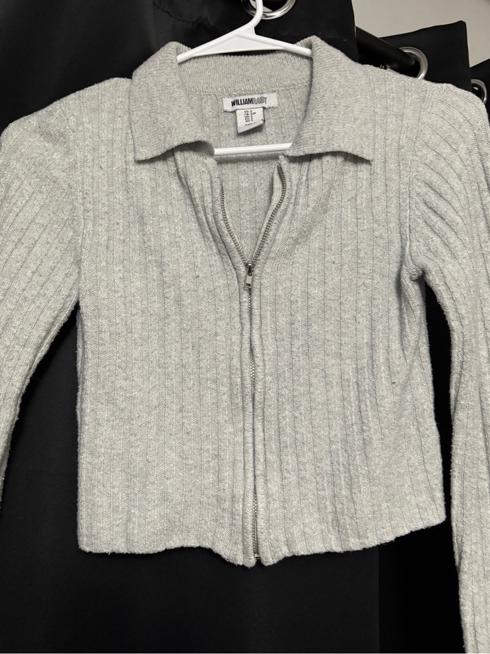 Light Gray Ribbed Zip-Front Collared Sweater